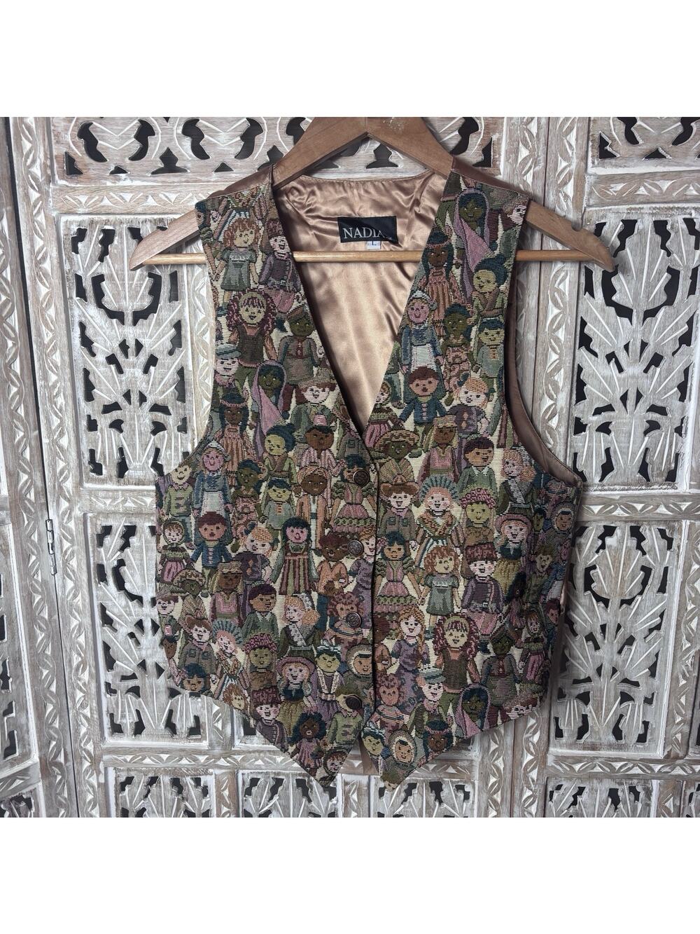 Vintage NADIA Children of the World Tapestry Vest Size L W/Gold Satin Back Artsy